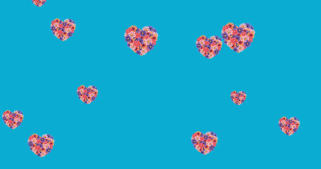 Image of flower hearts moving in hypnotic motion on blue background