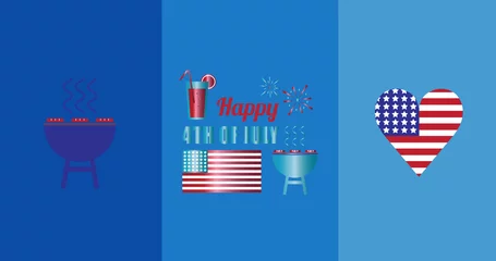 Tuinposter Happy independence day text over barbecue and heart icons against blue background © vectorfusionart