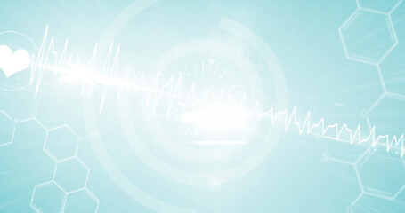 Digital image of bright spot of light and heart rate monitor against chemical structures