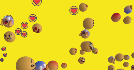 Multiple face emojis and heart icons floating against yellow background