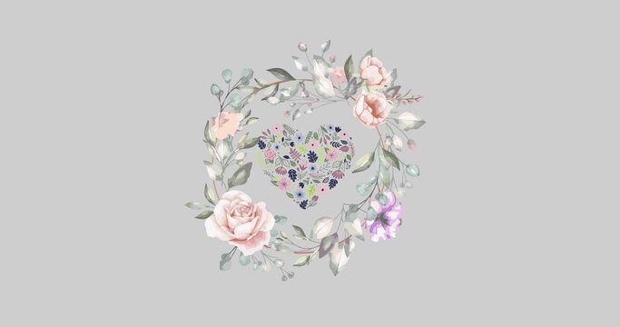 Image of flowers and heart spinning in hypnotic motion on grey background