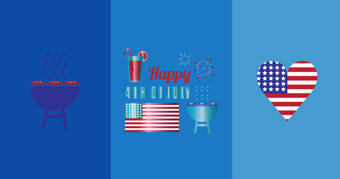 Happy independence day text over barbecue and heart icons against blue background
