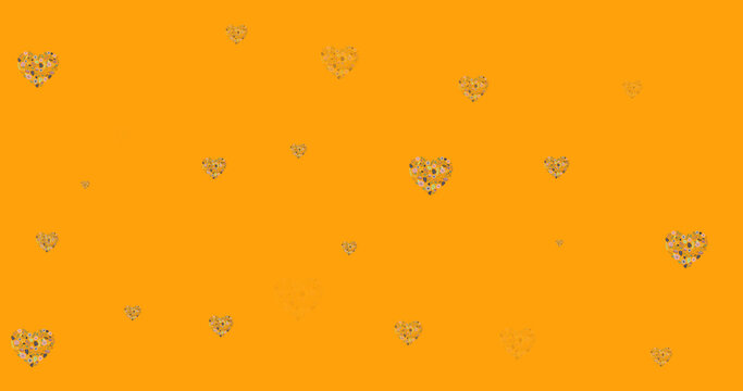 Image of flower hearts moving in hypnotic motion on orange background - Powered by Adobe