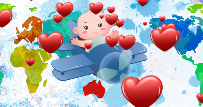 Image of baby in airplane and red hearts flying over world map