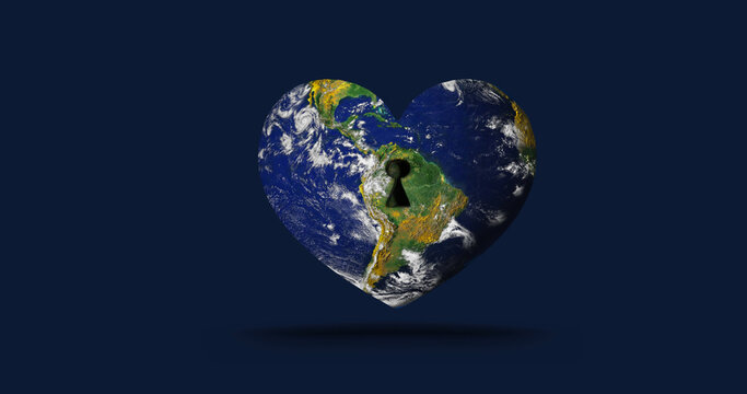 Image of heart with keyhole formed with world map on blue background