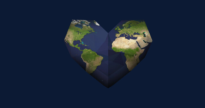 Image of heart formed with world map on blue background