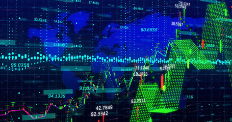 Image of numbers changing and data processing with world map