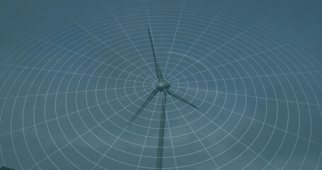 Image of statistics and data processing over wind turbine on blue background