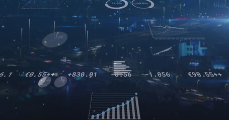 Image of statistics and numbers processing over cityscape
