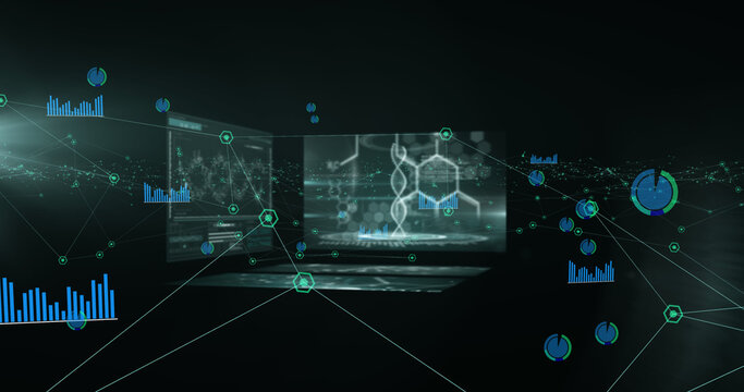 Image of network of connections and statistics recording over medical data processing on screens