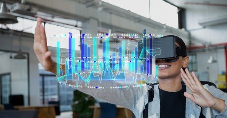 Digital interface with statistical data processing against african american woman wearing vr headset