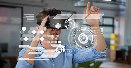 Composite image of digital interface with data processing against caucasian man wearing vr headset