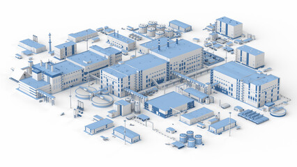 Plant in isometric view on white background. Small industrial buildings with pipes. Production halls and warehouses. 3d render - obrazy, fototapety, plakaty