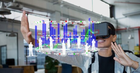 Composite image of statistical data processing against african american woman wearing vr headset