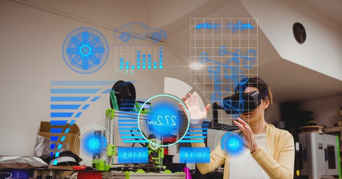 Digital interface with data processing against caucasian woman wearing vr headset at office