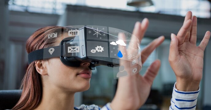 Composite image of digital interface with data processing against caucasian woman wearing vr headset