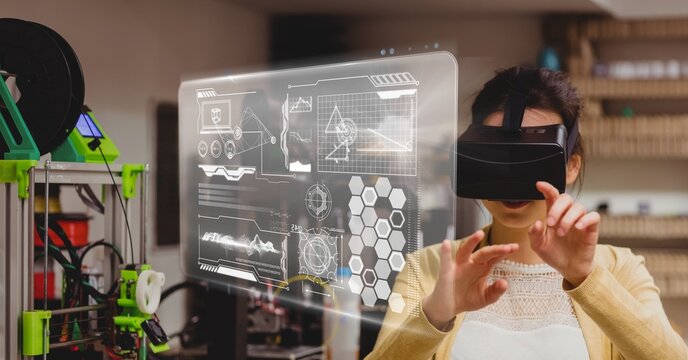 Composite image of digital interface with data processing against caucasian woman wearing vr headset