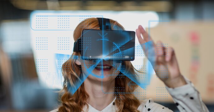 Composite image of digital interface with data processing against caucasian woman wearing vr headset