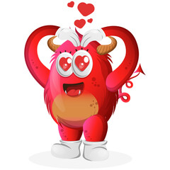 Vector_Cute red monster with love heart sign hand