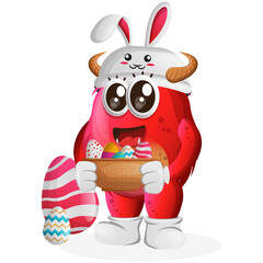 Vector_Cute red monster wearing the bunny cap with holding easter egg in basket