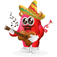 Vector_Cute red monster wearing mexican hat with playing guitar