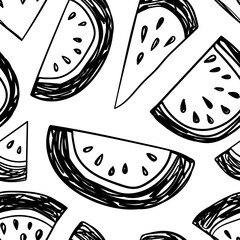 Watermelon seamless pattern. Hand drawn vector illustration. Pen or marker doodle sketch. Black and white scribble