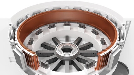 Winding the stator of a hydroelectric power plant. Copper coil of an industrial generator. 3d illustration