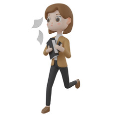 3d rendering character business woman short hair busy running