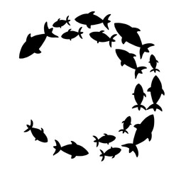 Abstract fish school in circle shape in silhouette style