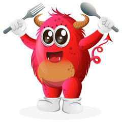 Vector_Cute red monster holding spoon and fork
