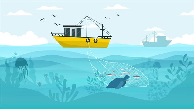 animation motion graphic of fishing boat is catching a group of fish in the sea using a net
