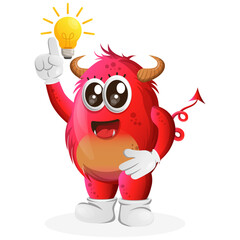 Vector_Cute red monster got an idea, bulb idea, inspiration