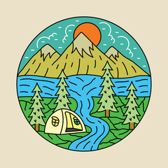 Camping with good view in the nature graphic illustration vector art t-shirt designCamping with view of mountains and river graphic illustration vector art t-shirt design