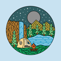 Camping beside waterfall graphic illustration vector art t-shirt design