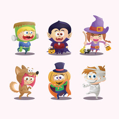 Halloween kids with costumes cute cartoon illustration set