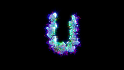 abstract distortion font - blue letter U on black backdrop, isolated - object 3D rendering