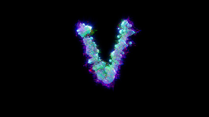 abstract glitch font - blue letter V on black backdrop, isolated - object 3D illustration