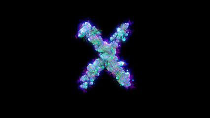 abstract glitch alphabet - blue letter X on black background, isolated - object 3D rendering