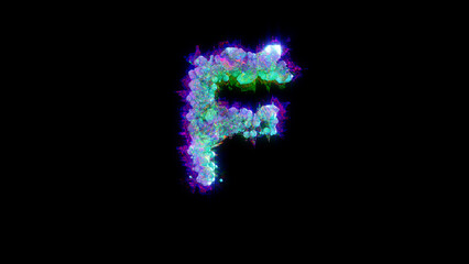 abstract glitchy font - blue letter F on black bg, isolated - object 3D rendering