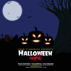 Halloween Graveyard Pumpkin with moon Night background banner.