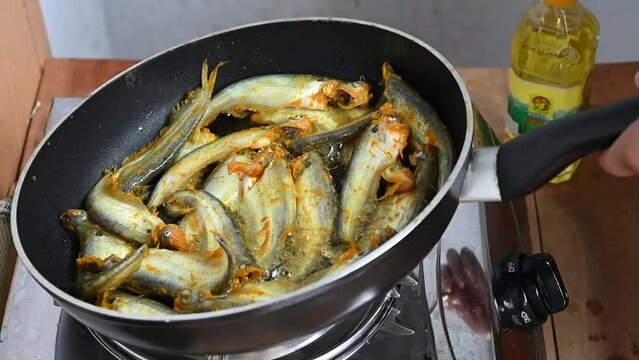 Frying pabda fish in hot oil. Slow motion video