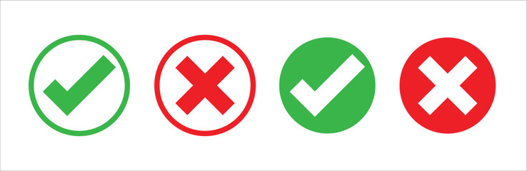 Check mark and X mark icon. Checkmark and x mark icon for apps and websites. Green and red check mark icon on white background. Vector illustration