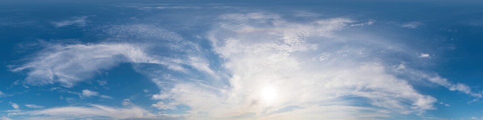 Blue sky panorama with Cirrus clouds. Seamless hdr 360 degree pano in spherical equirectangular format. Sky dome or zenith for 3D visualization, game and sky replacement for aerial drone 360 panoramas