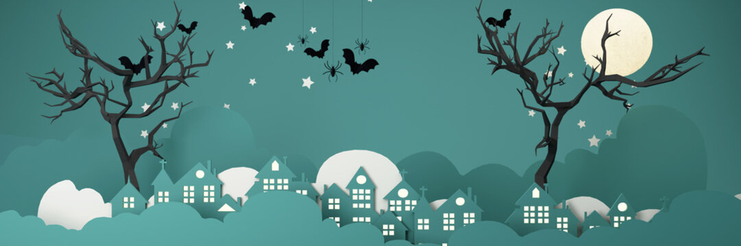 Happy Halloween party posters set with night clouds and pumpkins in cartoon illustration. Full moon and boo ghost with haunted house Place for text. Brochure background. 3d render cartoon character