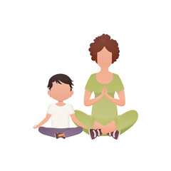 Mom and son are sitting meditating.   Cartoon style.