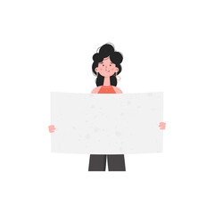 A woman stands waist-deep and shows an empty sheet.   Flat style. Element for presentations, sites.