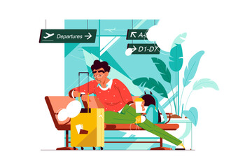 Guy with coffee look on watch and wait for flight