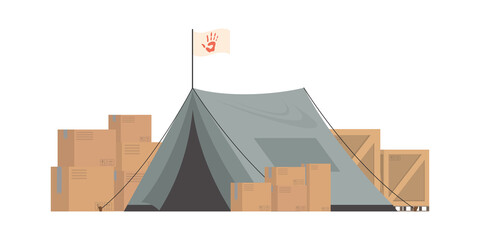 Large dark green tent with boxes. Camp element for humanitarian aid.    .