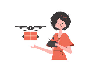Delivery theme. A woman controls a drone with a parcel.   trendy style.  .