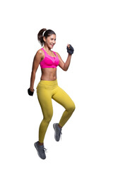 Full body length shot of smiling young sporty Asian woman fitness model in pink-top sportswear jump high run. isolated white background. Fitness and healthy lifestyle concept.